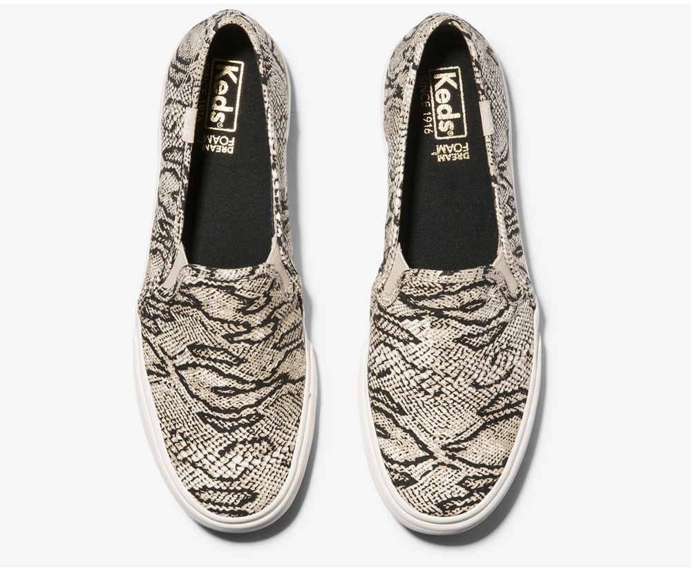 Keds Slip Ons White/Black - Double Decker Animal - Womens KLXCFT-209